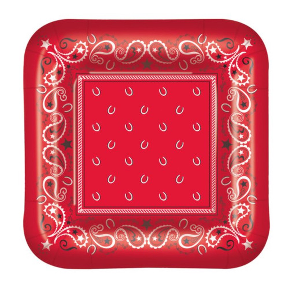 Disposable Paisley-Designed Bandana Square Paper Dinner Plates - 9" - Red - Pack of 96