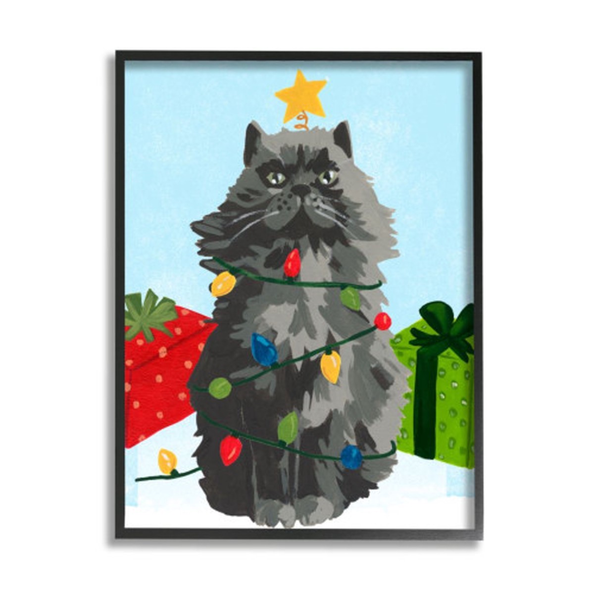 Gray and Blue Cat Festive Holiday Lights Christmas Rectangular Framed Wall Art 20" x 16"