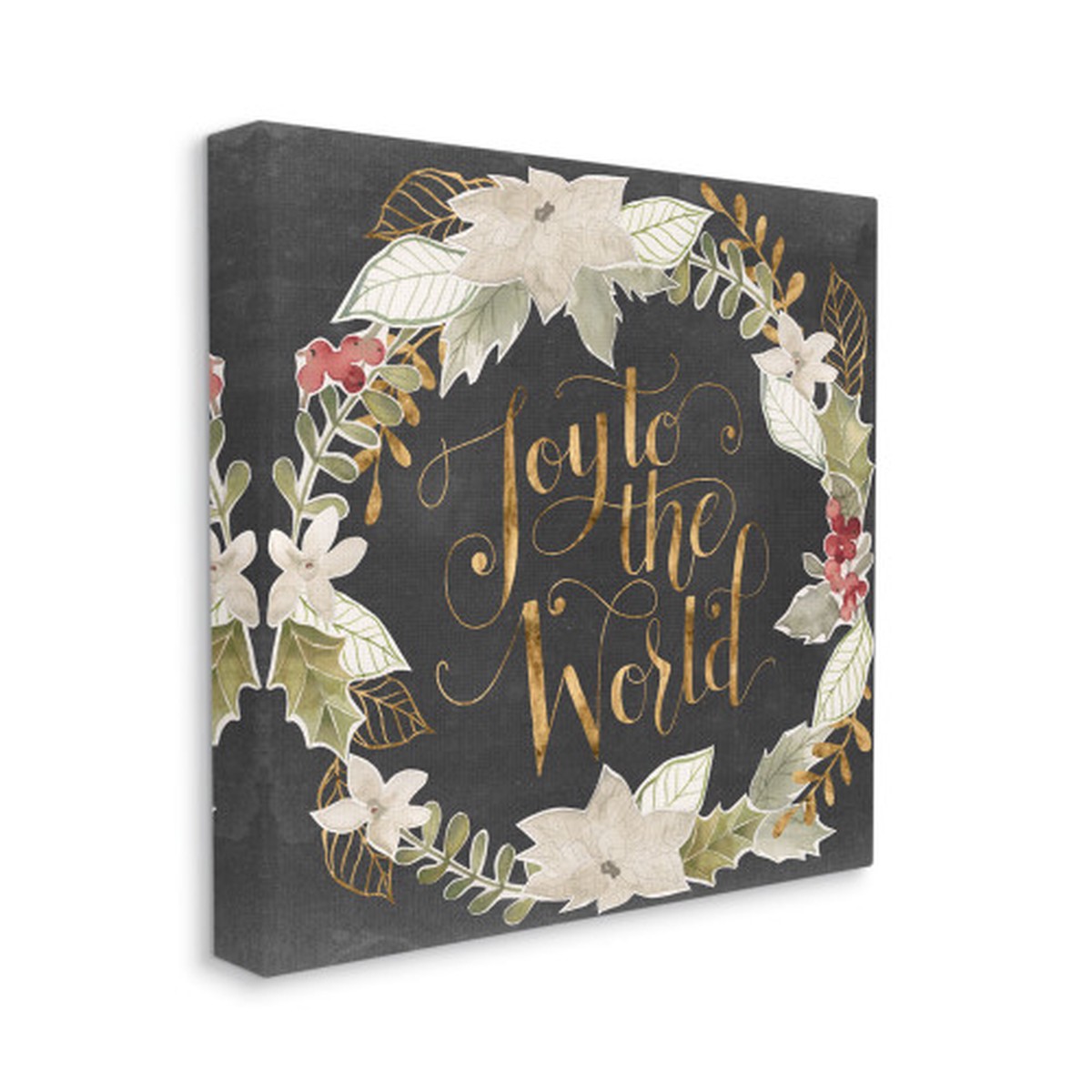 Gray and Gold Joy to the World Chic Wreath Holly Stretched Christmas Wall Art 17" x 17"