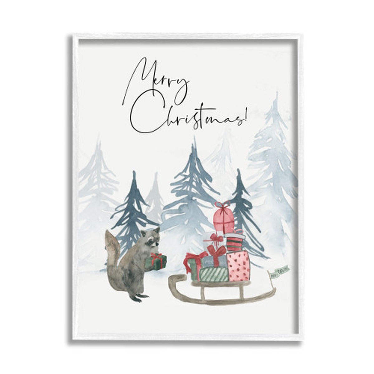 Gray and White "Merry Christmas" Raccoon Forest Present Sleigh Framed Wall Art 20" x 16"