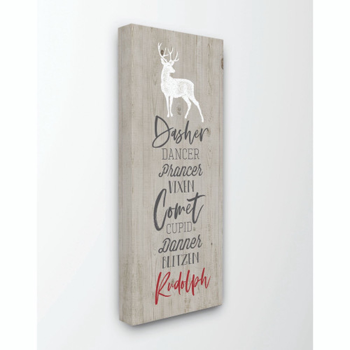 Gray and White Santa Reindeer Holiday Word Stretched Christmas Wall Art 24" x 10"