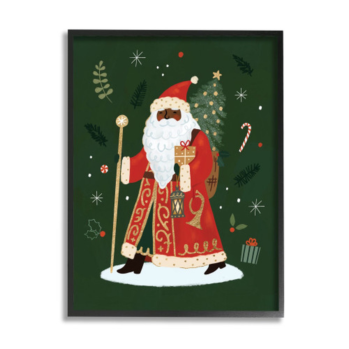 Green and Black Santa Claus Holiday Framed Giclee Texturized Christmas Wall Art 30" x 24"
