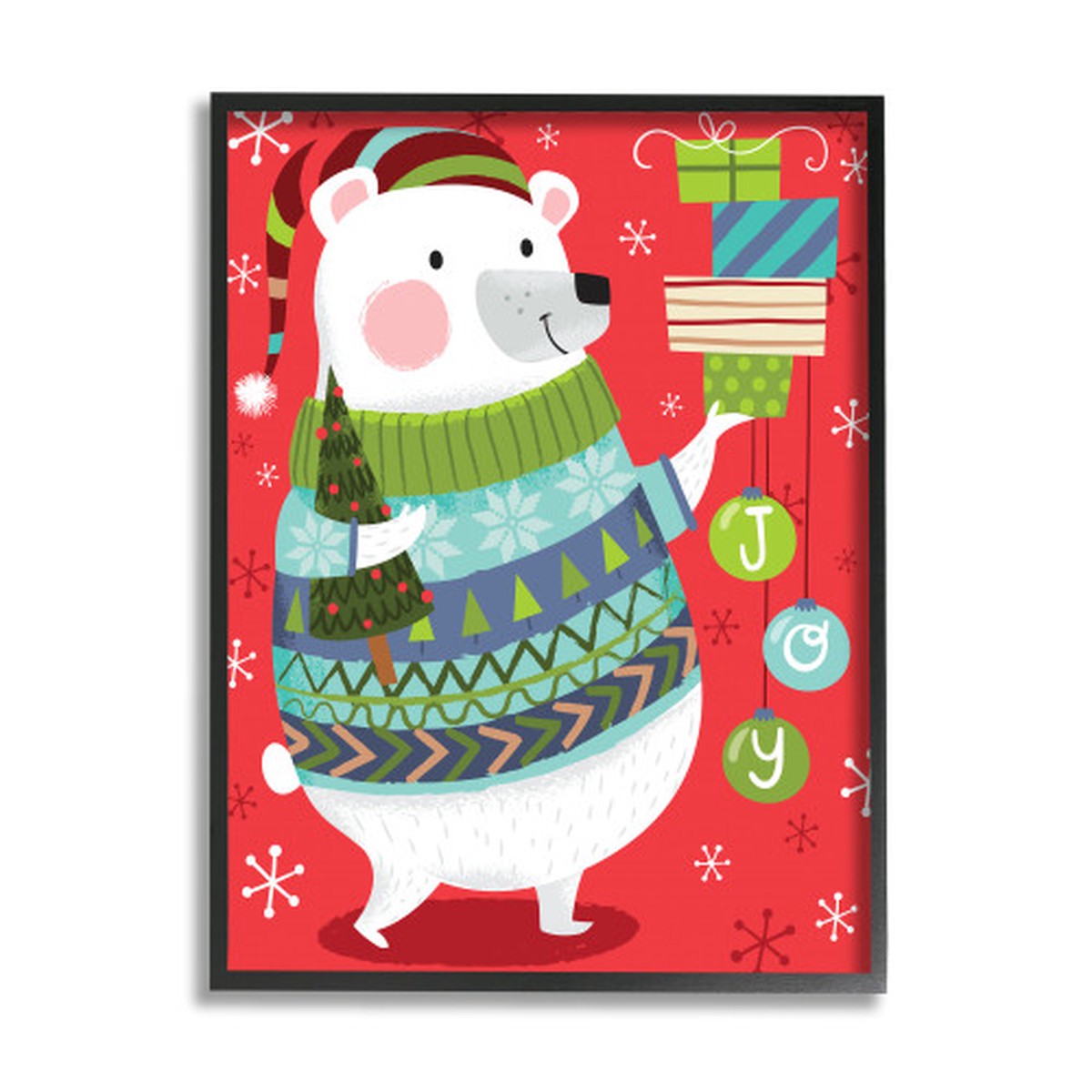 Green and Red Polar Bear Christmas Gifts Framed Giclee Texturized Wall Art Decor 20" x 16"