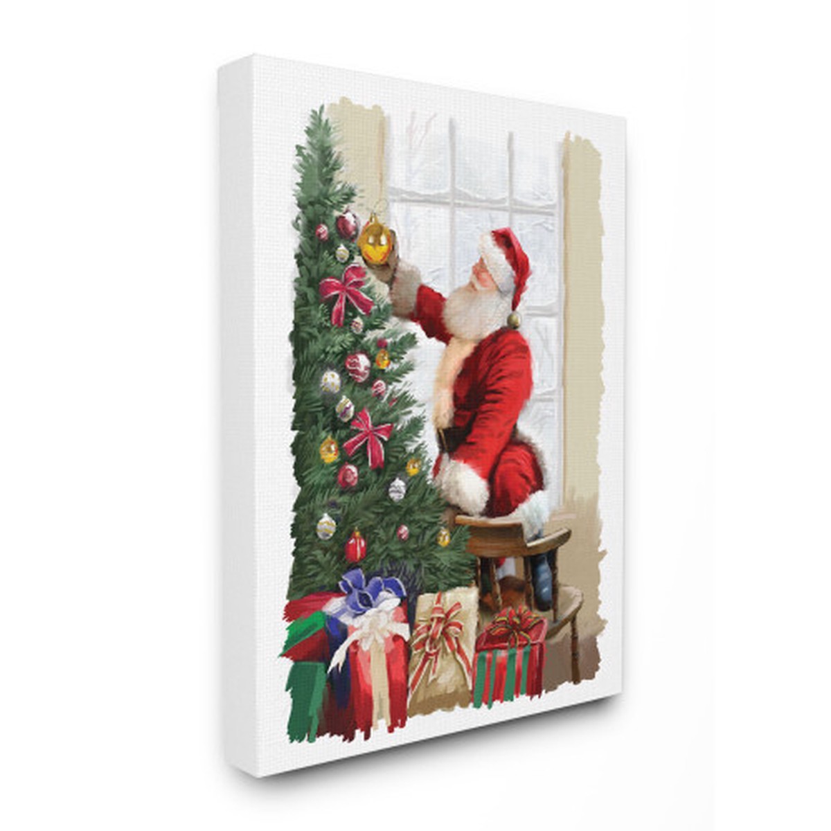 Green and Red Santa Decorating Christmas Tree Rectangular Canvas Wall Art 30" x 24"