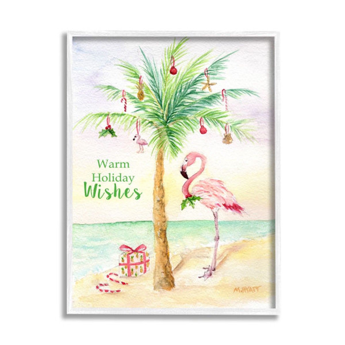Green and White Tropical Flamingo Nautical Palm Tree Framed Christmas Wall Art 20" x 16"