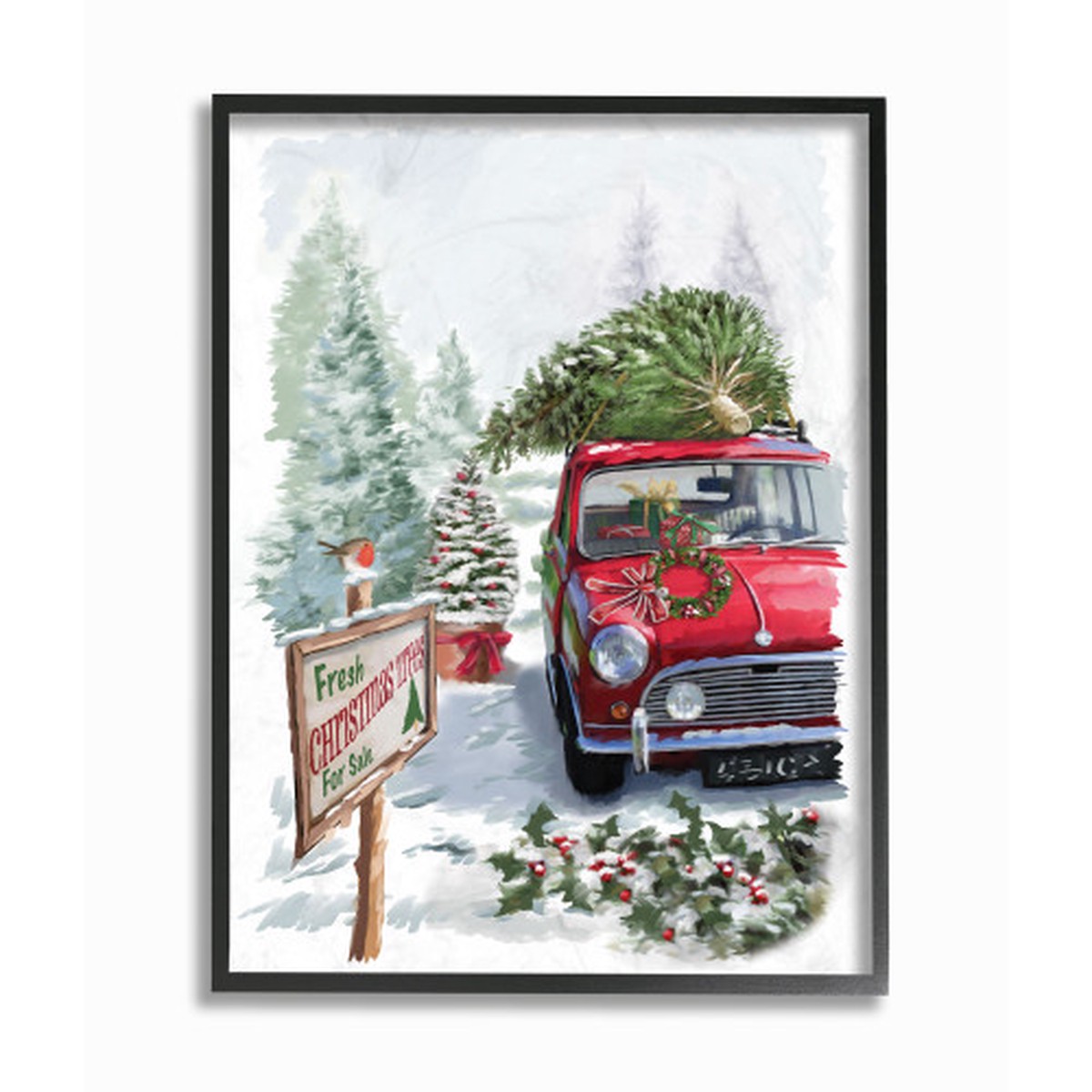Green Christmas Trees On A Red Car Truck Painting Rectangular Framed Wall Art 20" x 16"