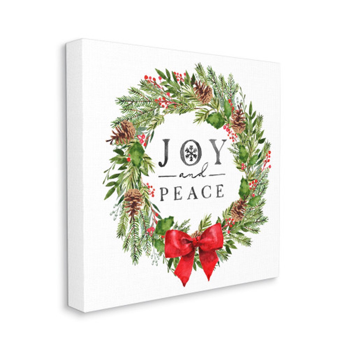 Green Joy and Peace Pine Wreath Oversized Stretched Canvas Square Wall Art 24" x 24"