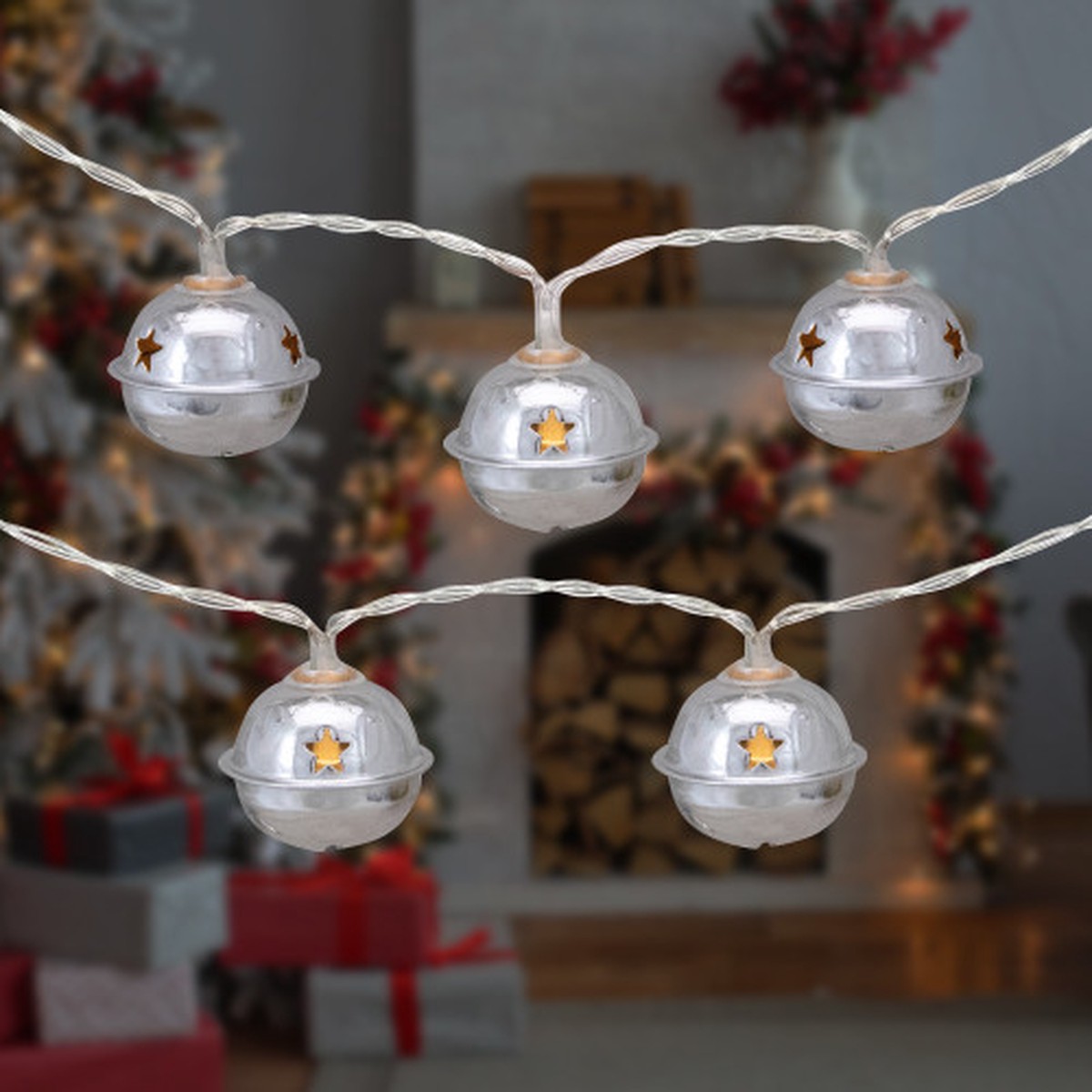 LED Christmas Bells Fairy Lights - 6" Spacing - Clear Wire - Silver - 10ct
