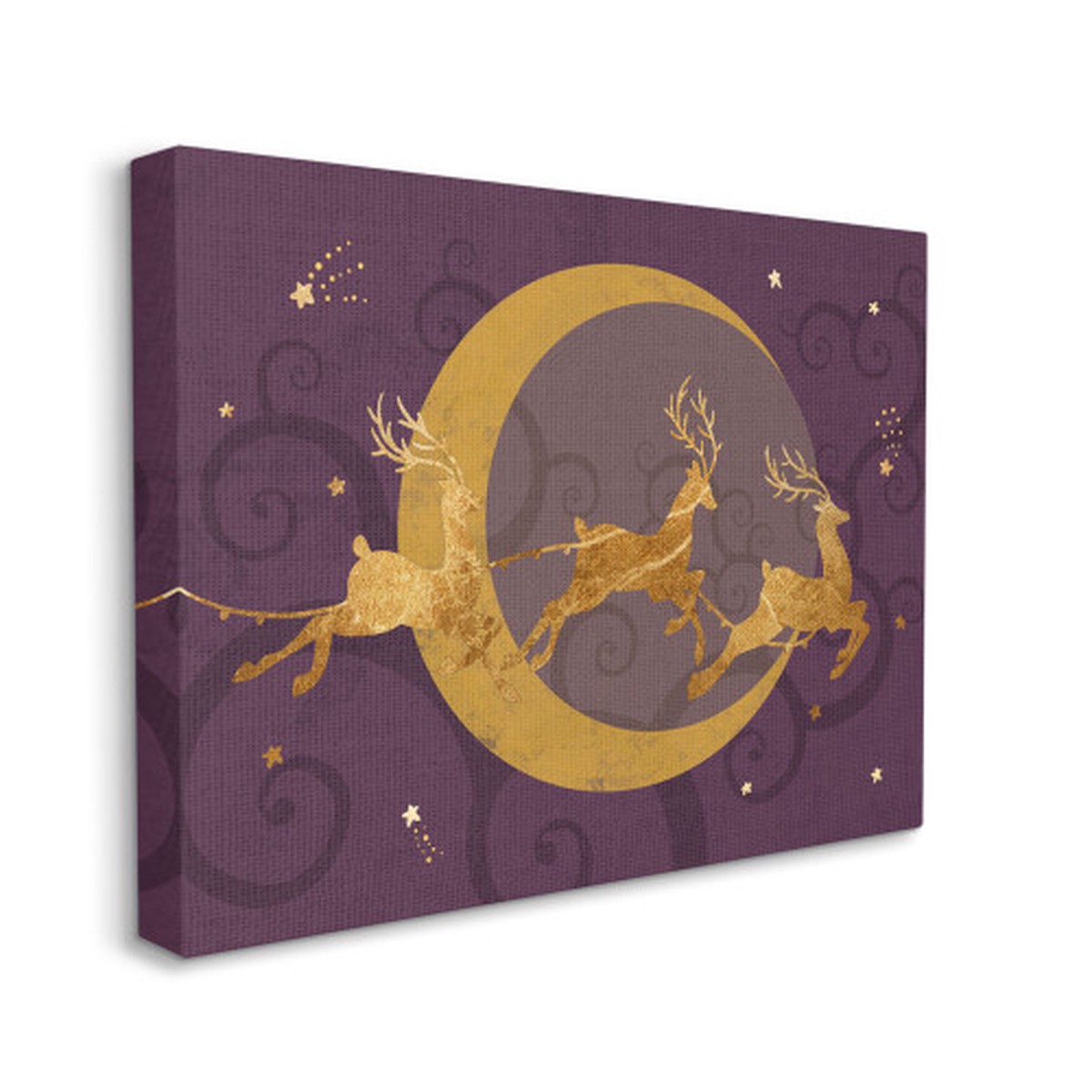 Purple and Gold Reindeers Flying over Crescent Moon Stretched Christmas Wall Art 36" x 48"
