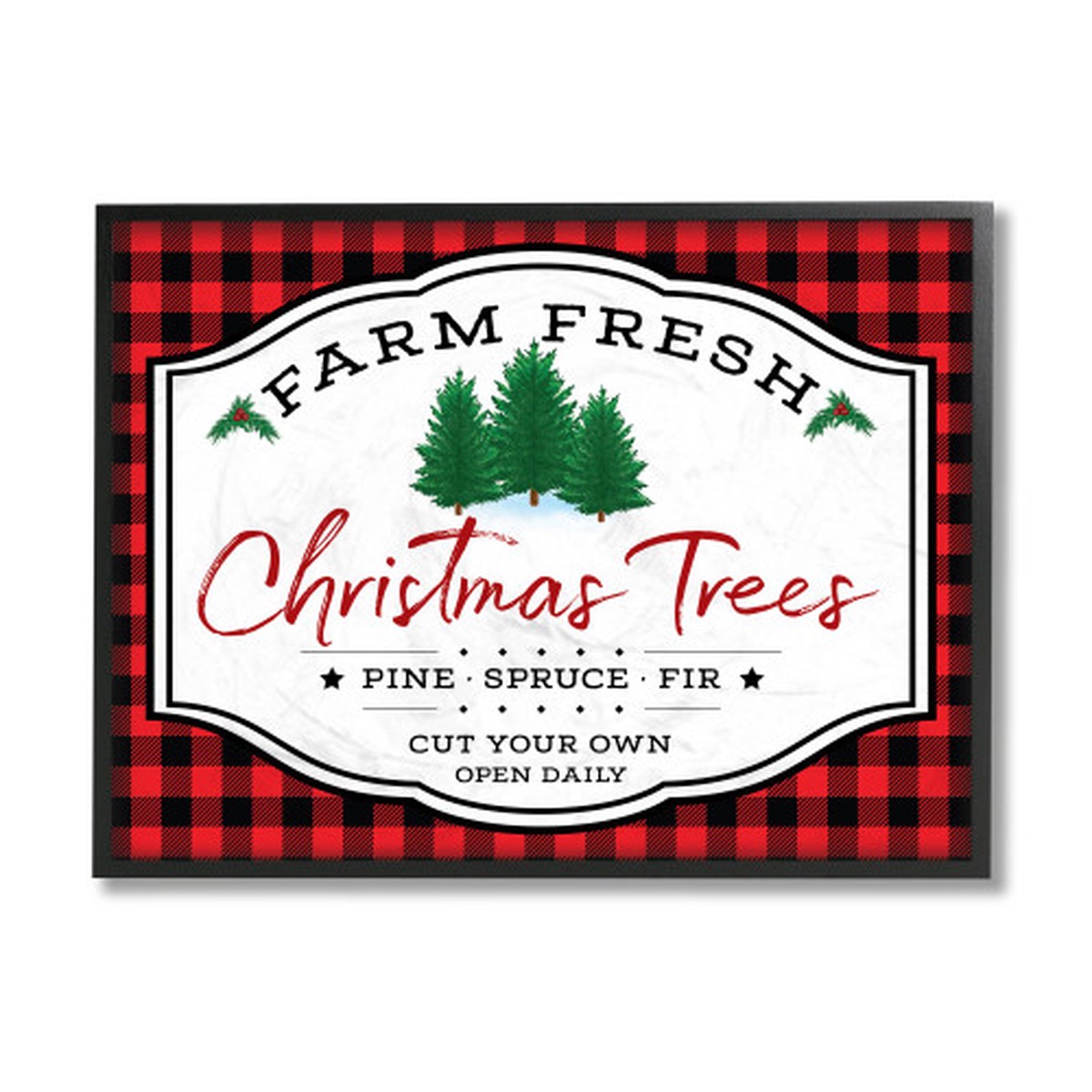 Red and Black Farm Fresh Christmas Tree Sign Buffalo Plaid Rectangular Framed Wall Art 20" x 16"