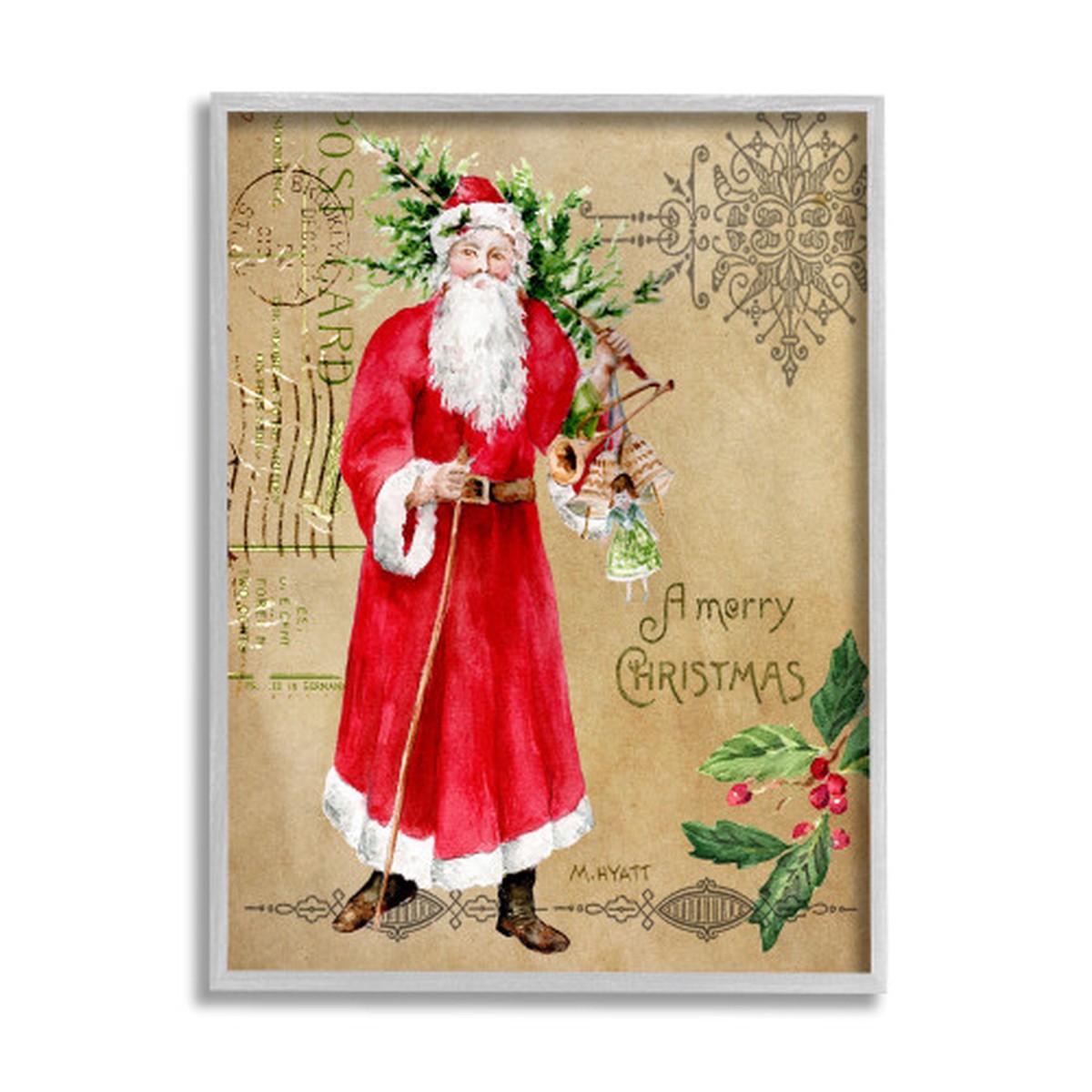 Red and Gray Vintage Santa Claus Postal Framed Giclee Texturized Christmas Wall Art 20" x 16"