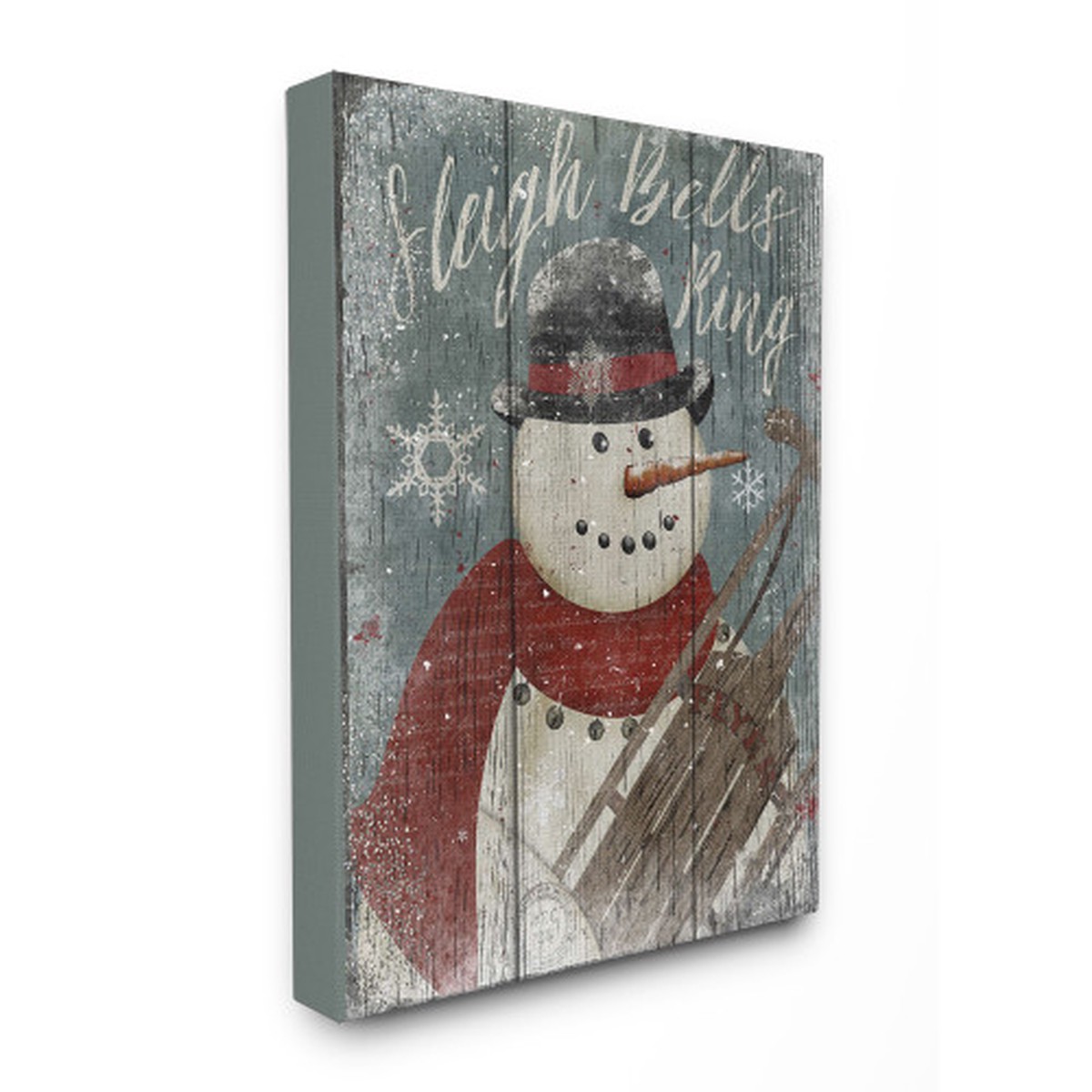 Red and White Sleigh Bells Ring Snowman Stretched Rectangular Wall Art 20" x 16"