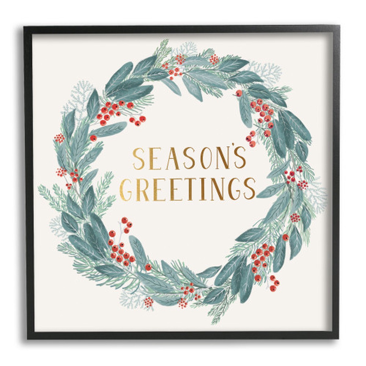 Red and White Winter Foliage Holly Wreath Black Framed Wall Art 17" x 17"