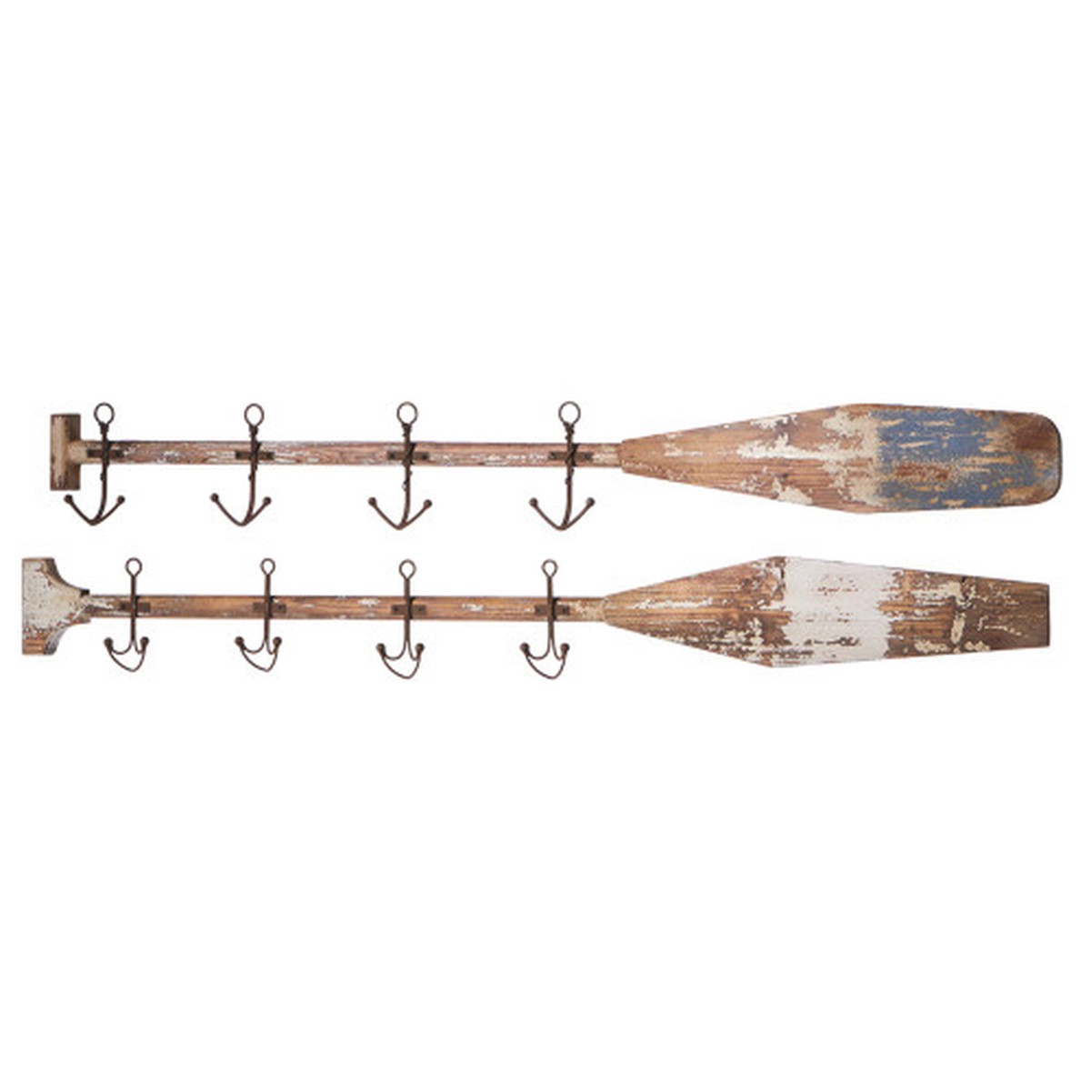 Set of 2 Brown Distressed Wooden Oar with Metal Anchor Wall Hooks 47.24"