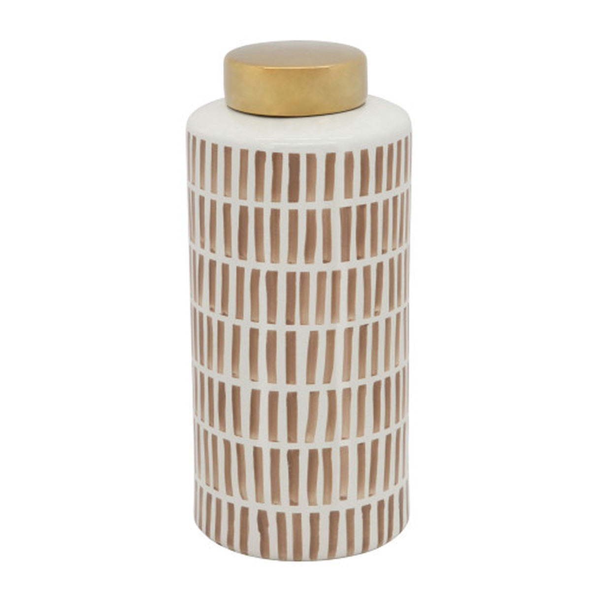 Tan Tone Patterned Ceramic Jar with Lid - 13" - Gold and Brown