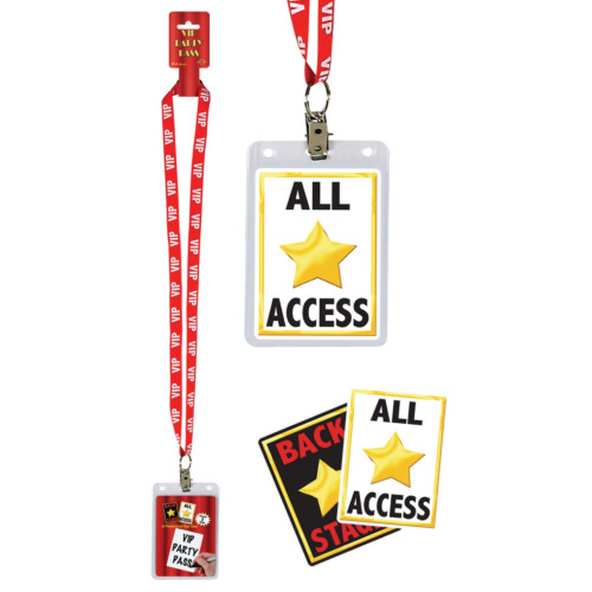 VIP Party Pass Lanyard with Card Holder – 25″ – Red and White – Pack of 12
