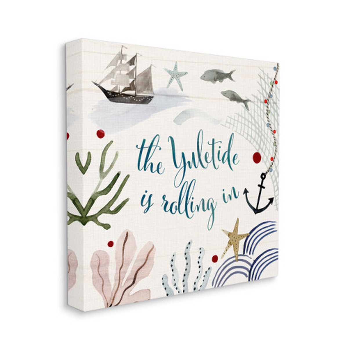 White and Blue Yuletide Rolling In Nautical Beach Christmas Phrase Stretched Wall Art 17"