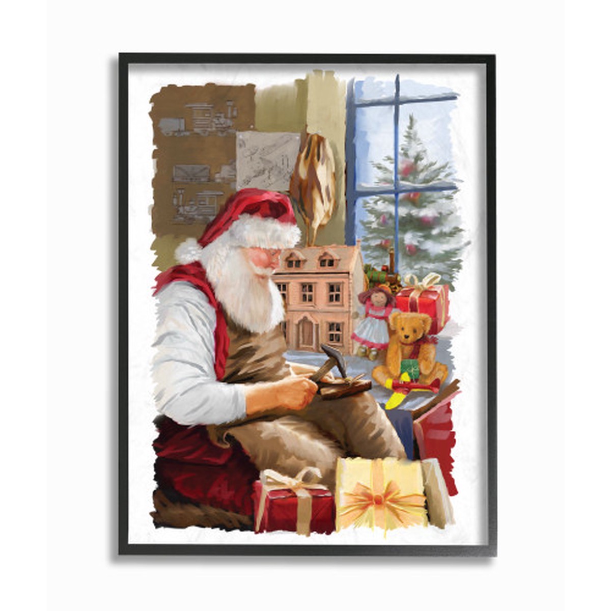 White and Brown Santa Creating Toys and Window Scene Rectangular Framed Wall Art 20" x 16"
