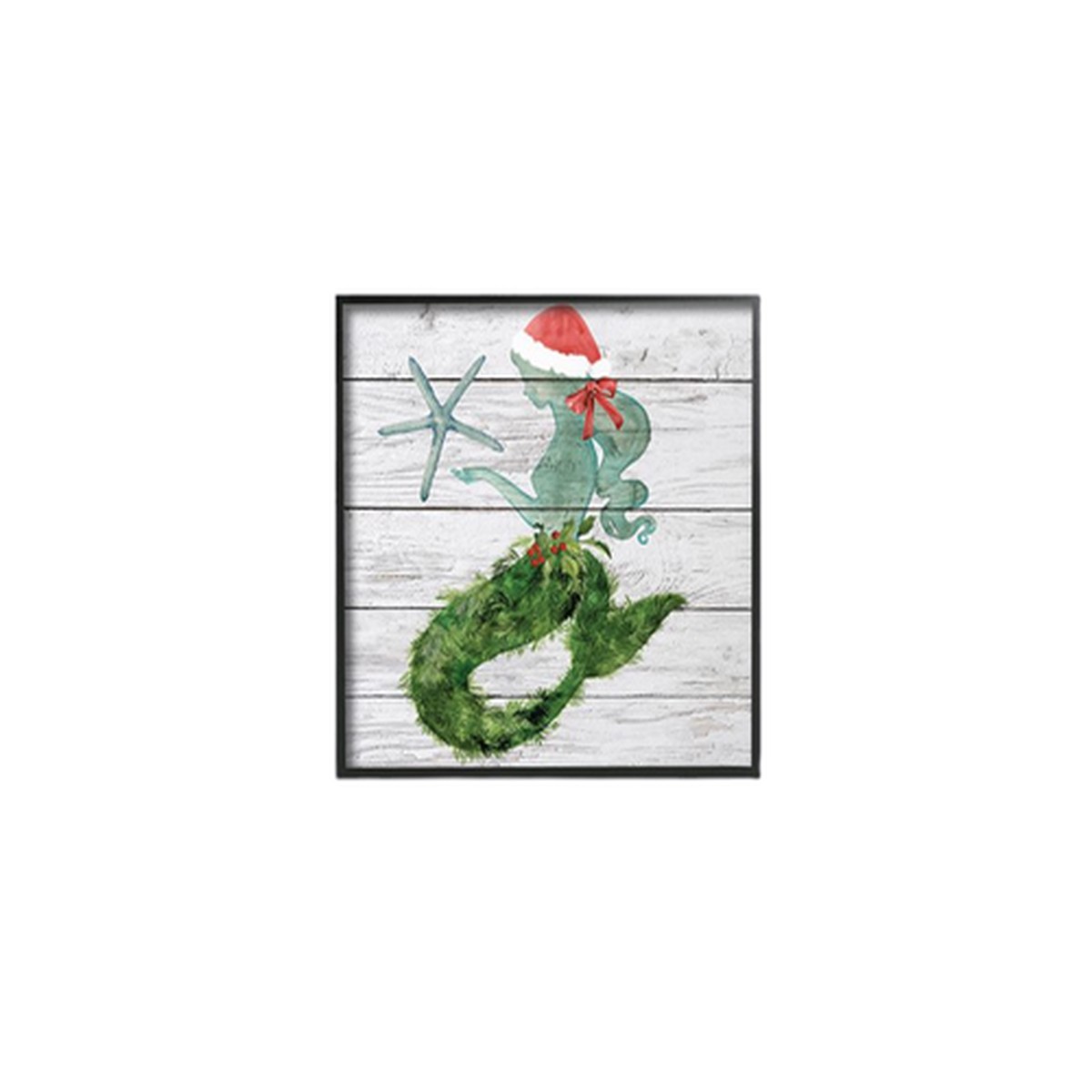 White and Green Christmas Mermaid Holly Floral Pine Framed Wall Art Decor 12" x 12"