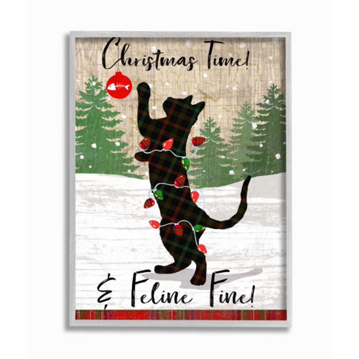 White and Green Christmas Time Phrase Family Cat Farmhouse Rustic Framed Wall Art Decor 20" x 16"