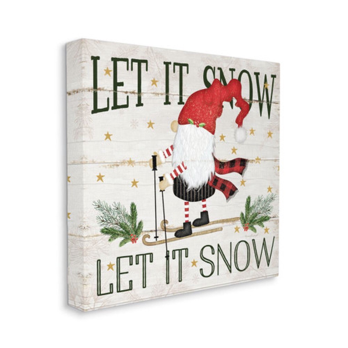 White and Green Winter Skiing Gnome with "Let it Snow" Stretched Christmas Wall Art 24"
