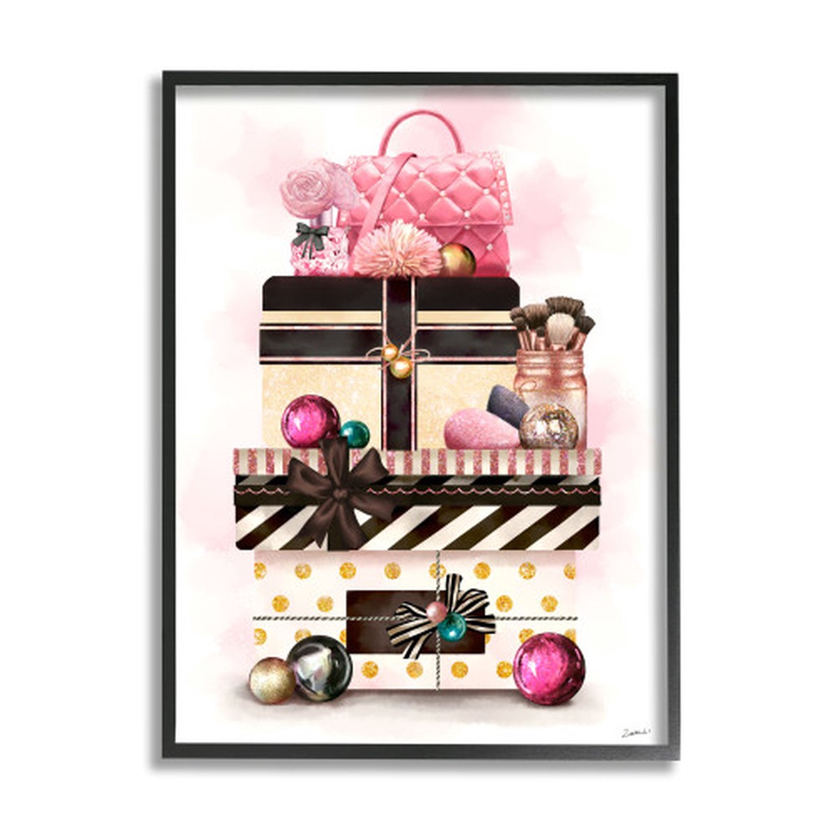 White and Pink Fashion Gift Stack Christmas Accessories Framed Wall Art Decor 30" x 24"