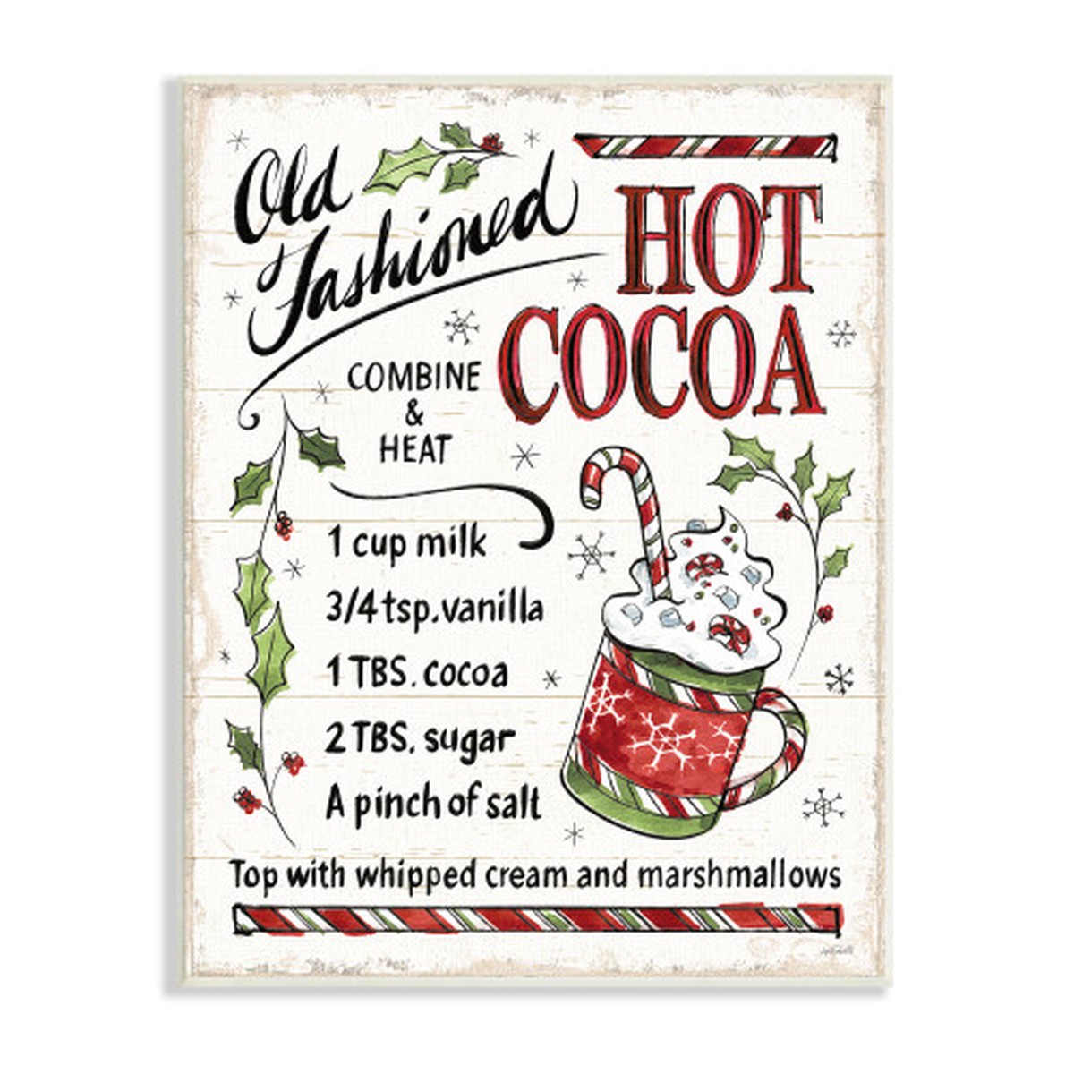 White and Red Hot Cocoa Holiday Cooking Instructions Rectangular Wall Plaque 19" x 13"