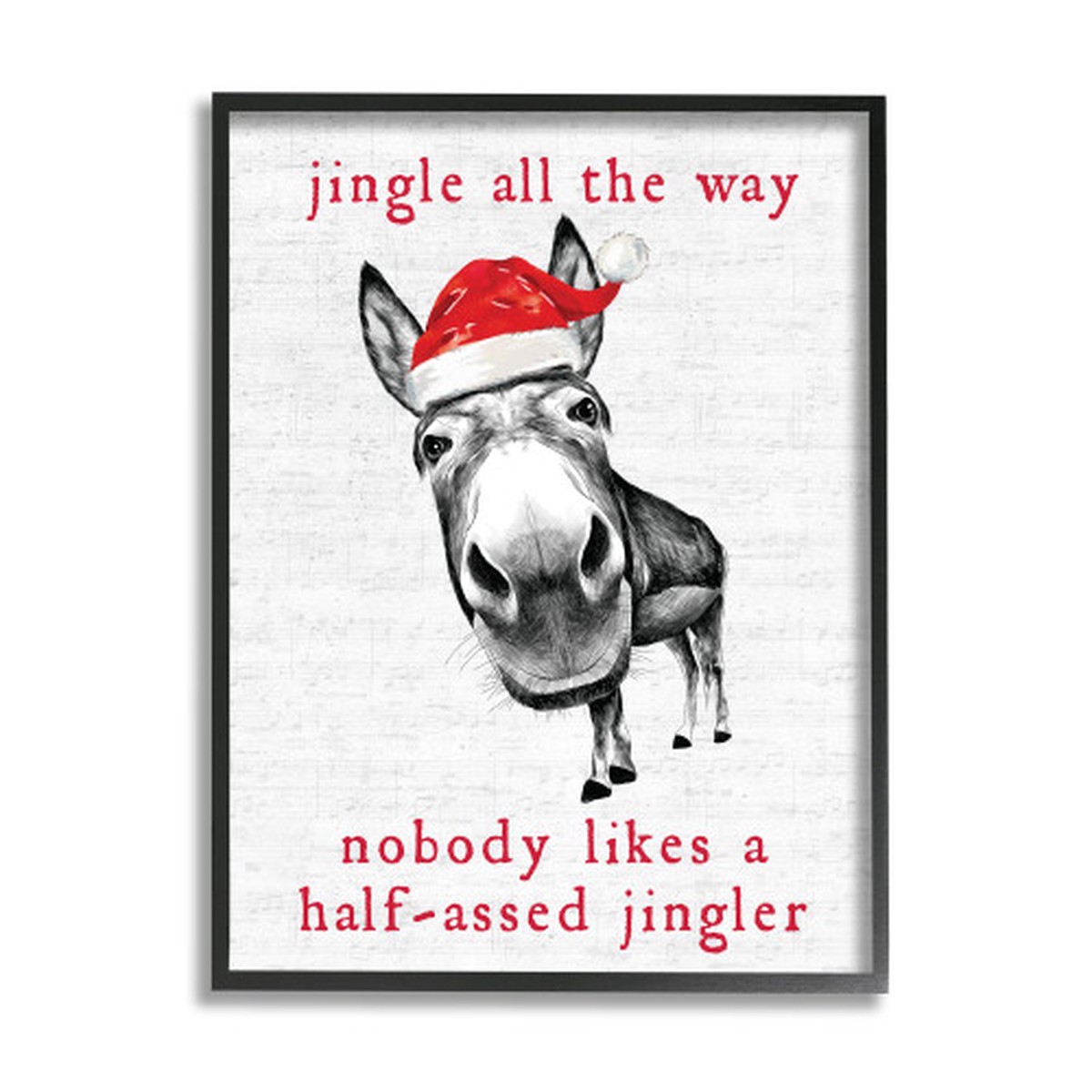 White and Red Jingle All The Way Sassy Christmas Donkey Rectangular Framed Wall Art 20" x 16"