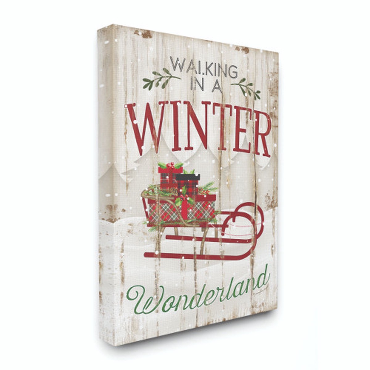 White and Red Winter Wonderland Sleigh Stretched Christmas Wall Art 48" x 36"