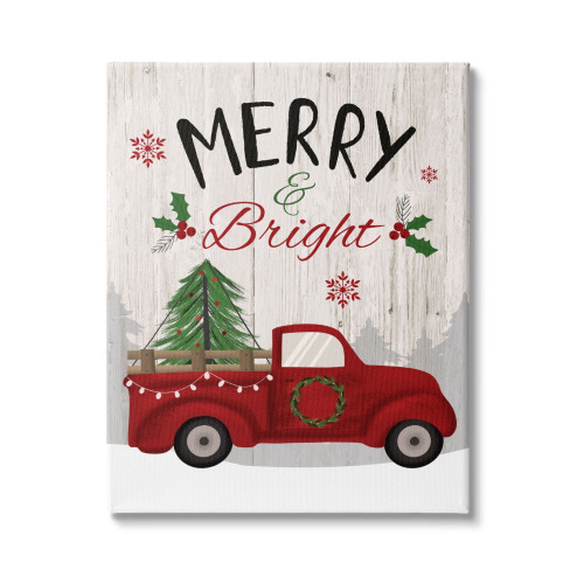 White Merry and Bright Phrase Red Truck Rectangular Canvas Wall Art 30" x 24"