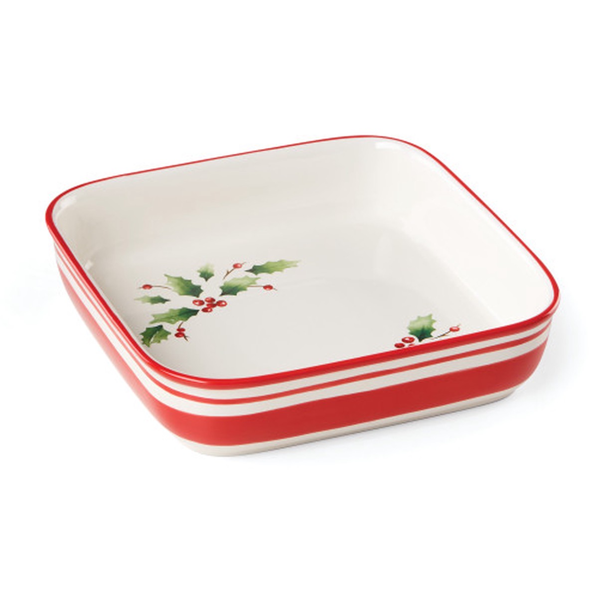 10.75" White and Red Holiday Handpaint Stripe Square Dish