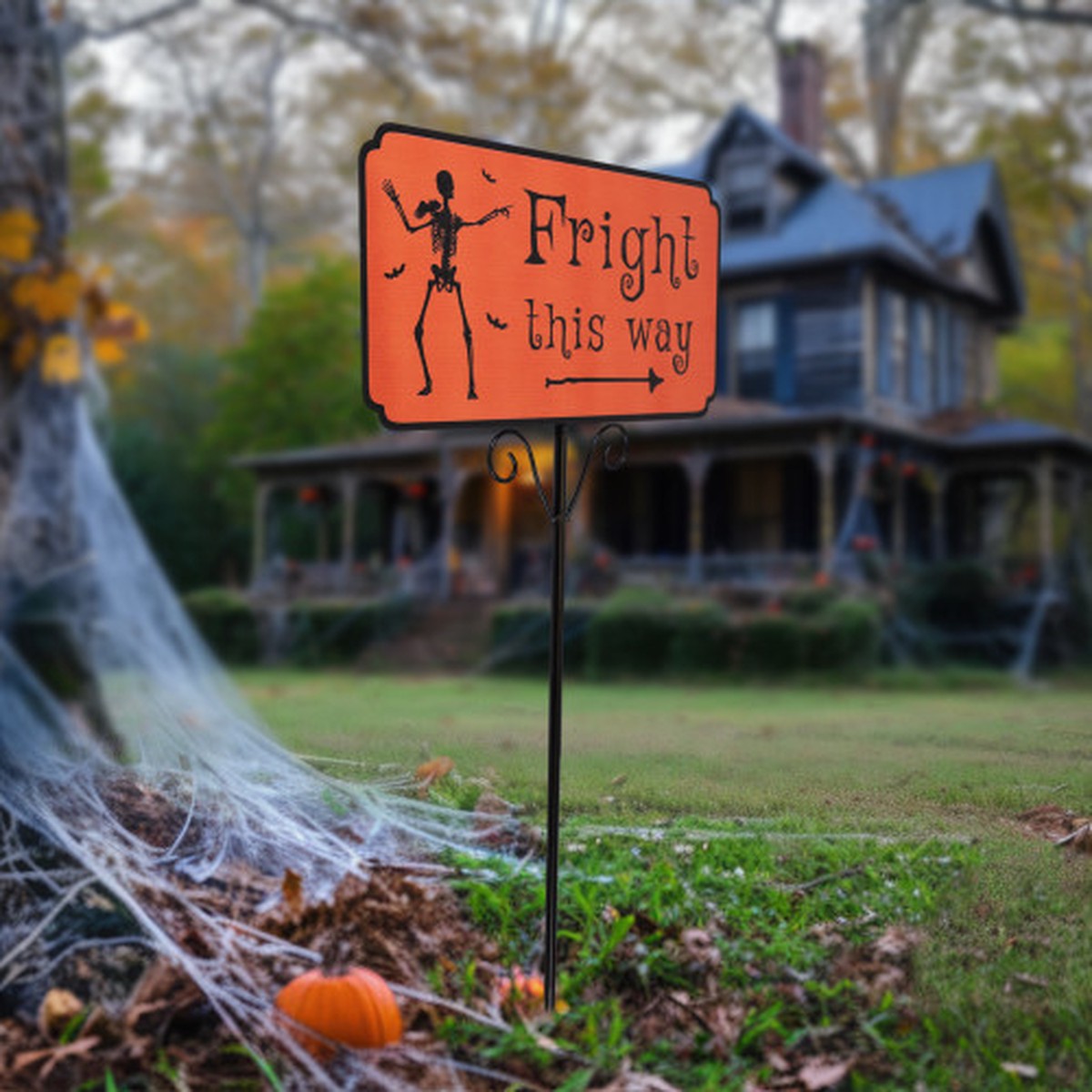 27.5" Fright This Way Skeleton Outdoor Halloween Metal Lawn Stake Sign