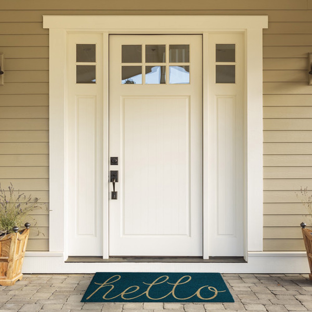 30" Vibrant Unique Storm Blue Hello Rectangular Doormat