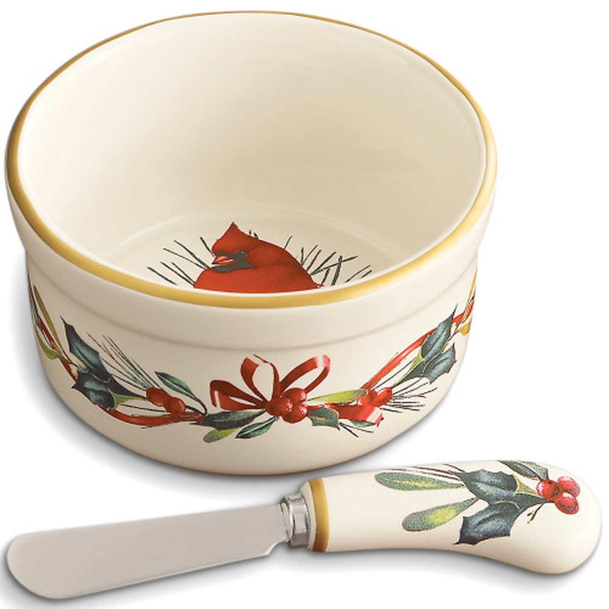 4.50" Beige Christmas Red Cardinal Bird With Gold Lining Round Dip Bowl and Spreader