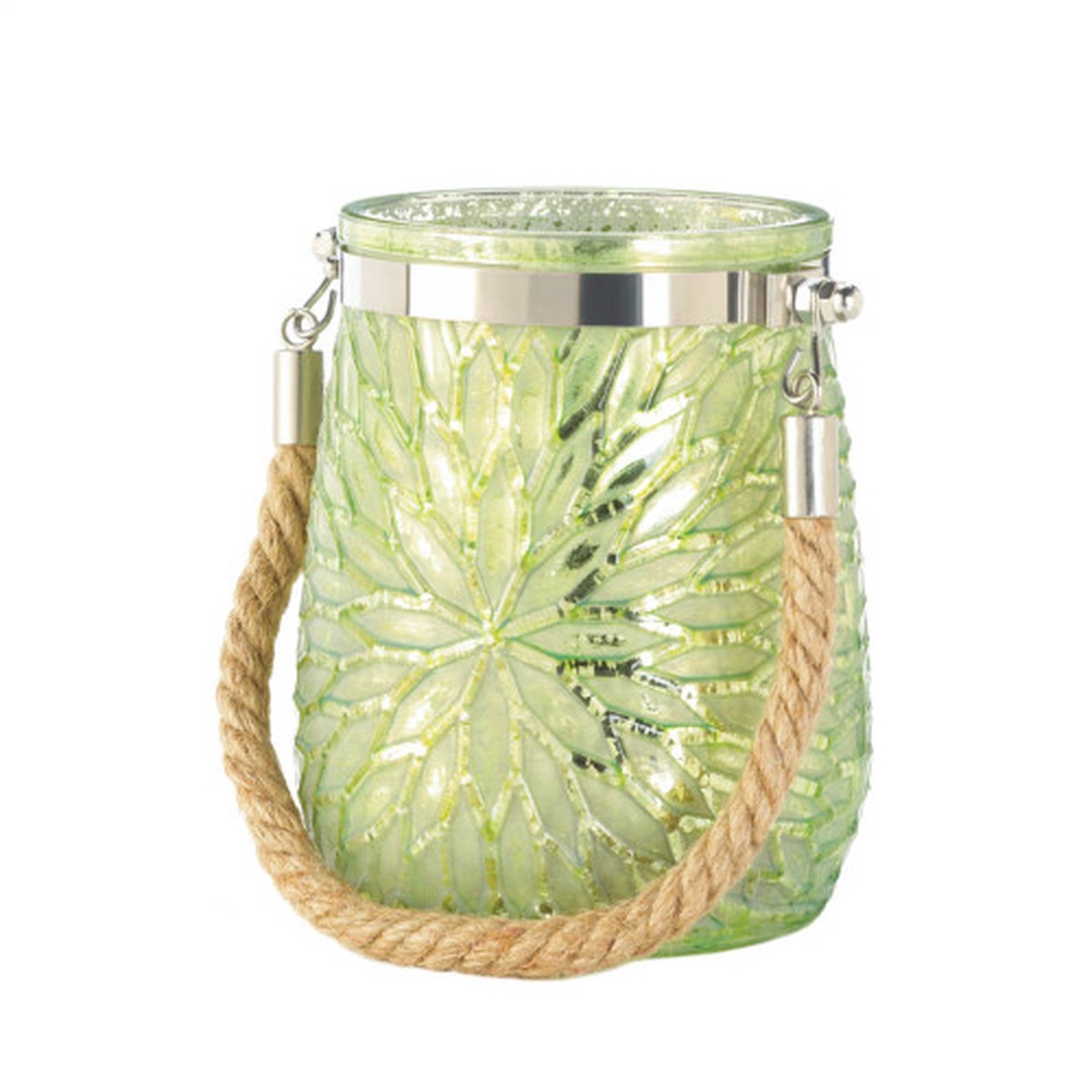 7.25" Green and Silver Flower Candle Holder with Rope