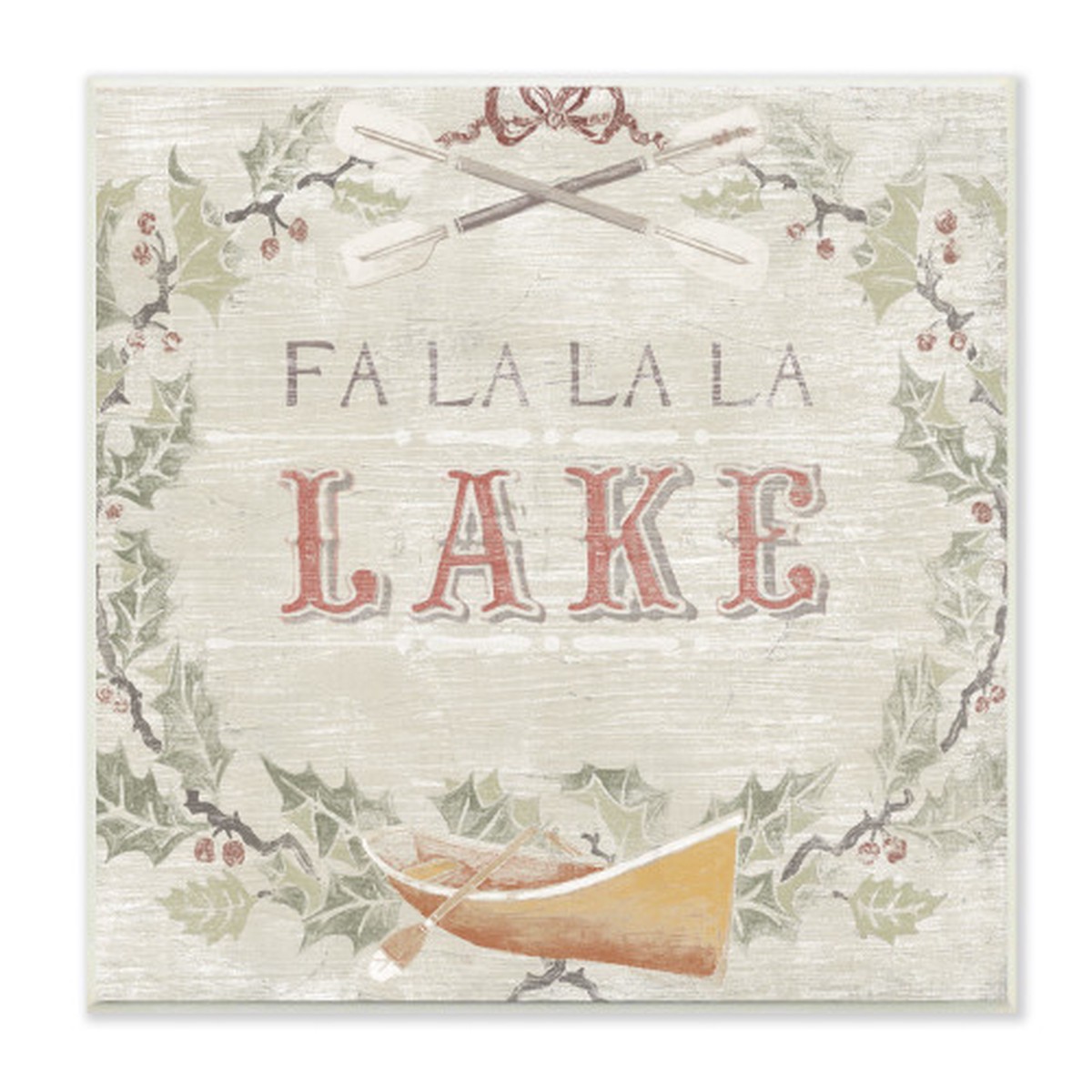Beige and Green "Fa La La Lake" Winter Holiday Wreath Christmas Wall Plaque Art 12" x 12"