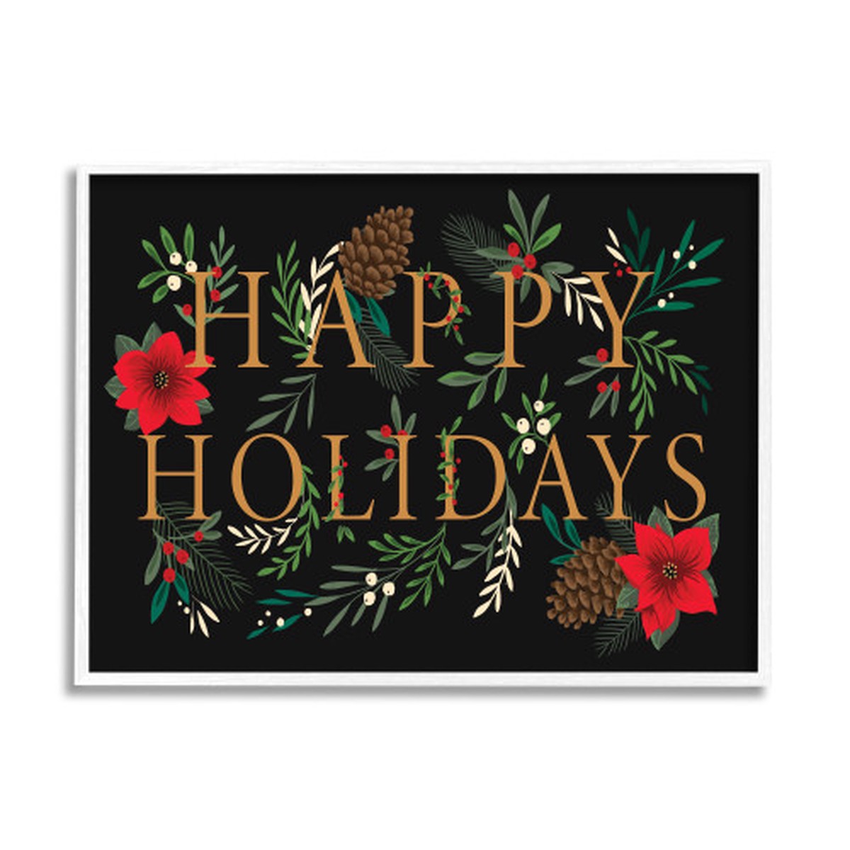 Black and Green Happy Holidays Oversized White Framed Wall Art 24" x 30"