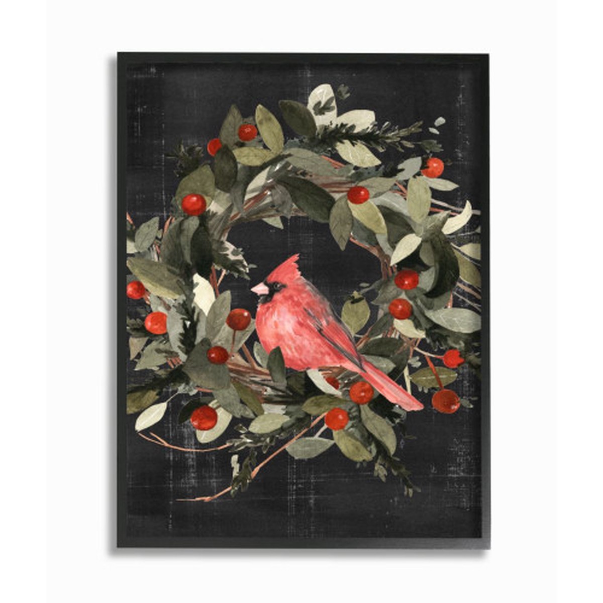 Black and Red Cardinal in Wreath Christmas Framed Giclee Texturized Wall Art Decor 30" x 24"