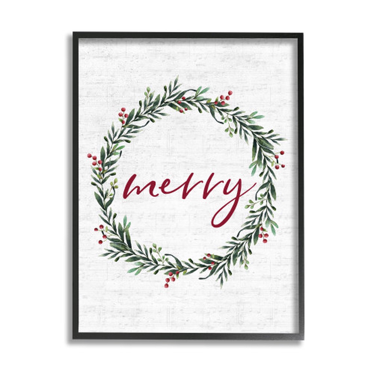 Black and Red "Merry" Holiday Wreath Giclee Texturized Christmas Wall Art 30" x 24"