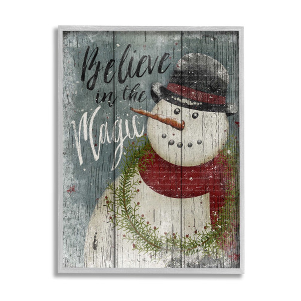 Black and White Snowman "Believe in Magic" Christmas Framed Rectangular Wall Art 30" x 24"