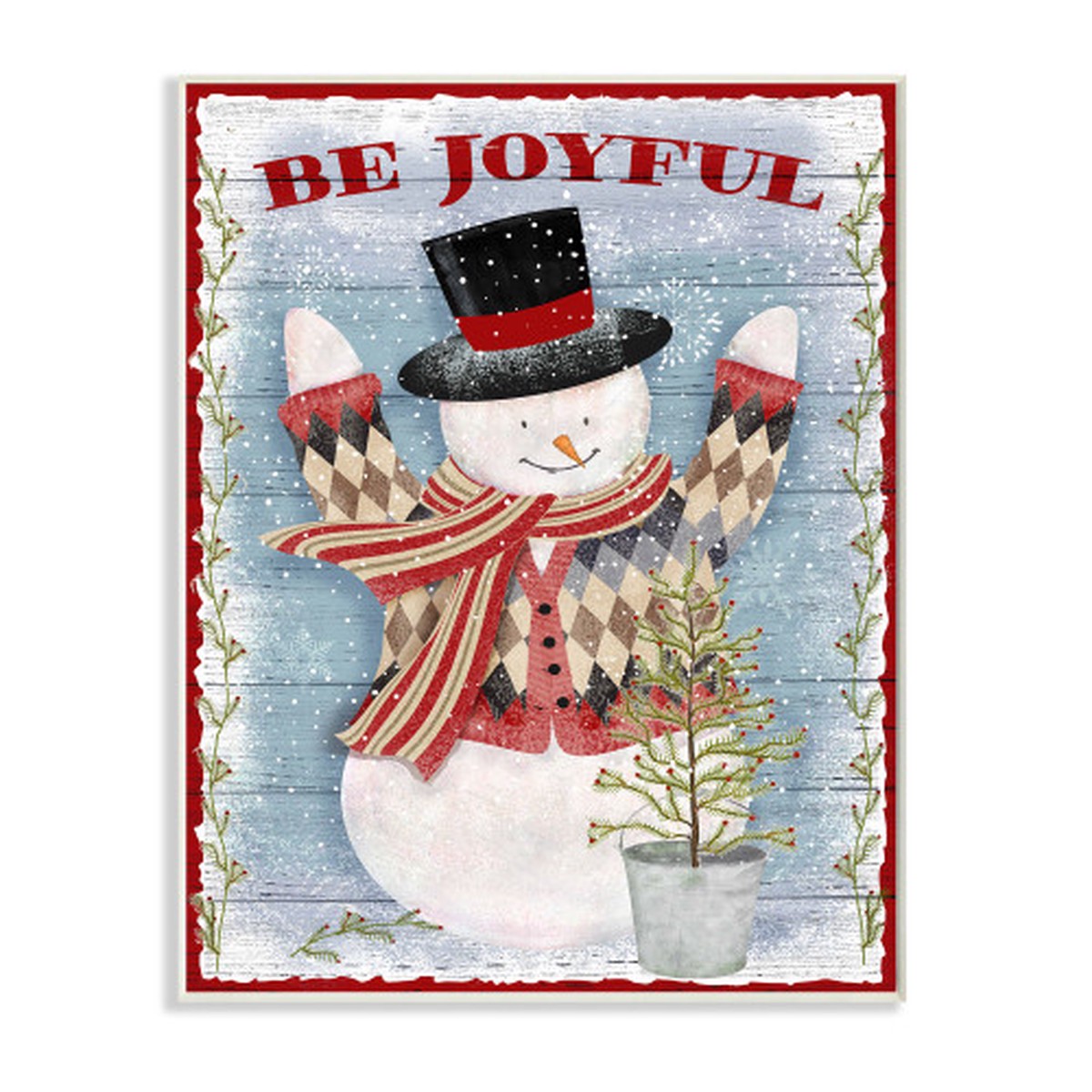 Blue and Red "Be Joyful" Snowman Christmas Tree Wall Plaque Art Decor 15" x 10"