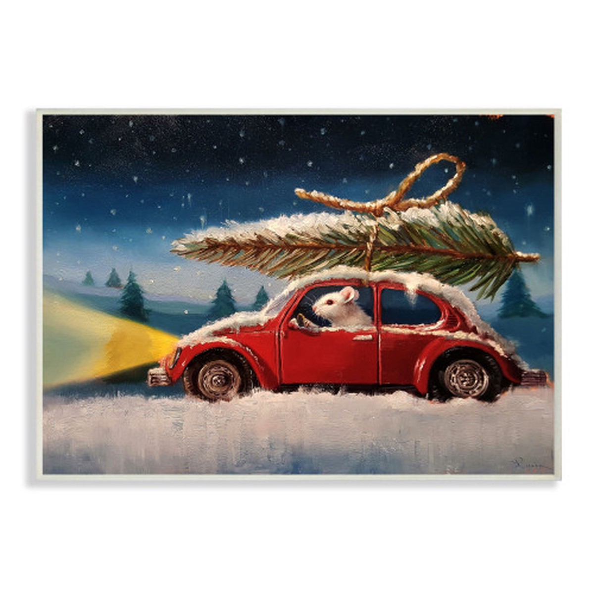 Blue and Red Mouse Driving Through Snow Christmas Tree Rectangular Wall Plaque Art Decor 19" x 13"