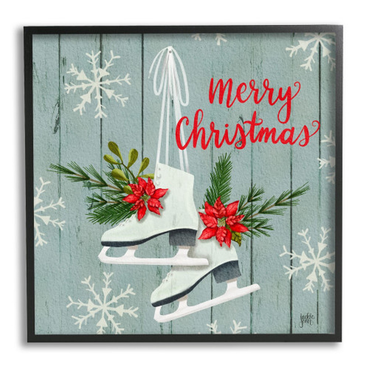 Blue and Red Poinsettia Ice Skating Shoes Merry Christmas Square Framed Wall Art 24" x 24"