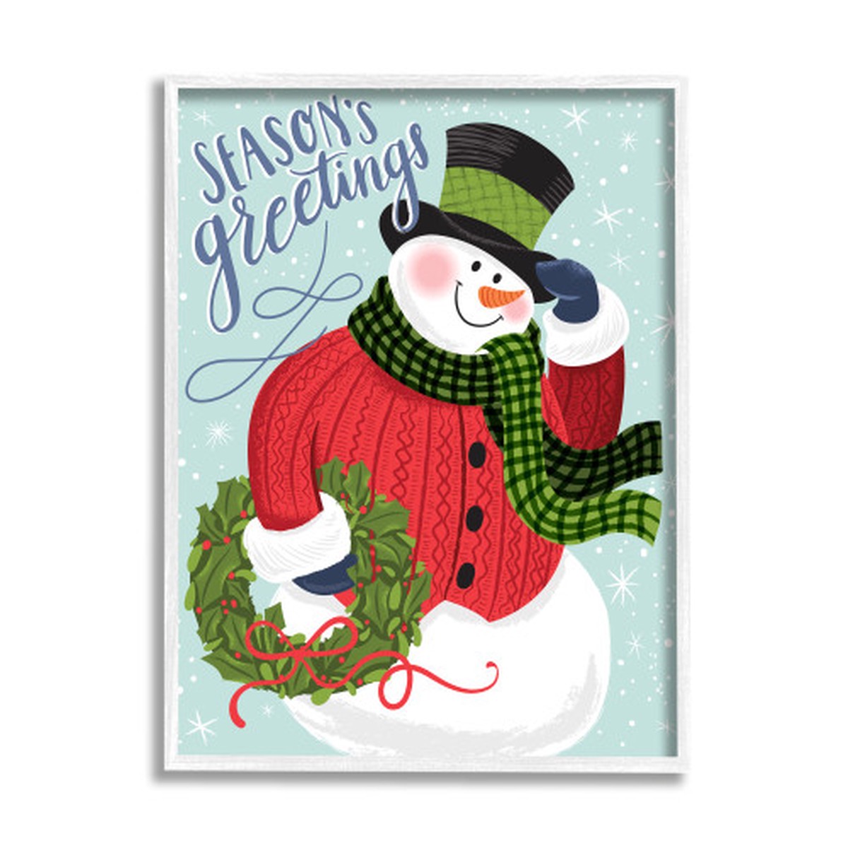Blue and Red Season's Greetings Snowman White Rectangular Framed Wall Art 30" x 24"
