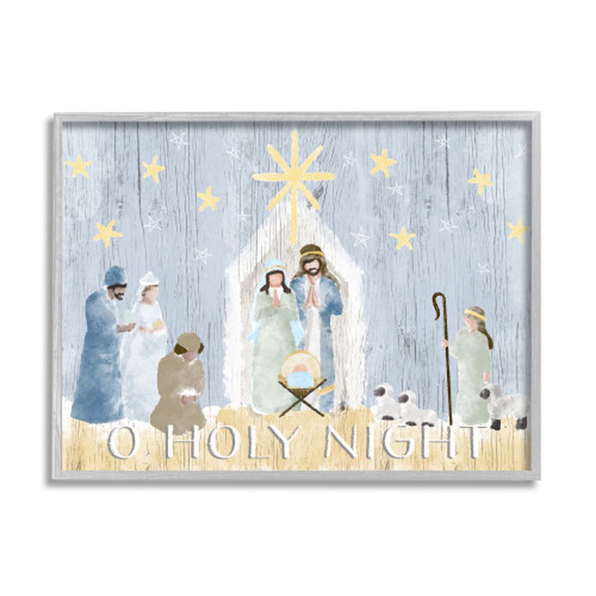 Blue and White Nativity Barn Stable Christmas Gray Framed Wall Art 24" x 30"