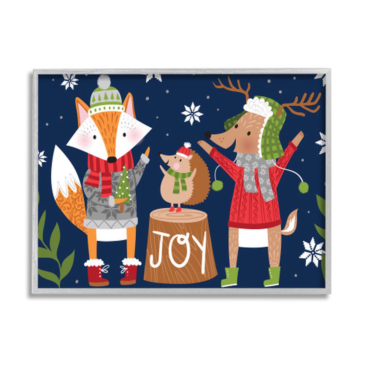Brown and Blue Snowy Winter Animals Fox Reindeer Hedgehog Rustic Framed Wall Art 30" x 24"