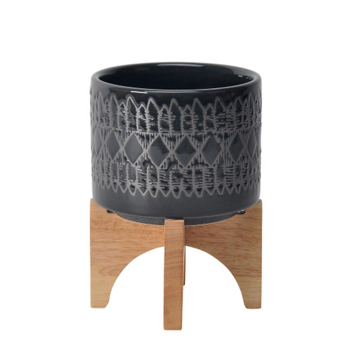 Ceramic Aztec Planter on Stand - 6" - Black and Brown