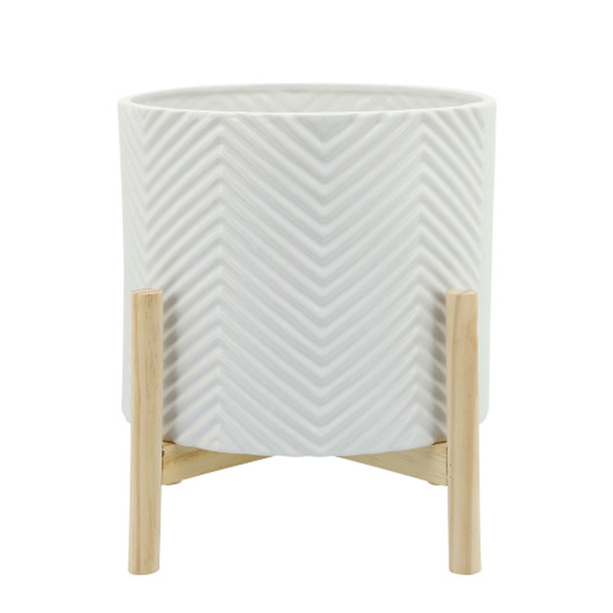 Chevron Ceramic Outdoor Planter with Stand - 12" - White and Beige