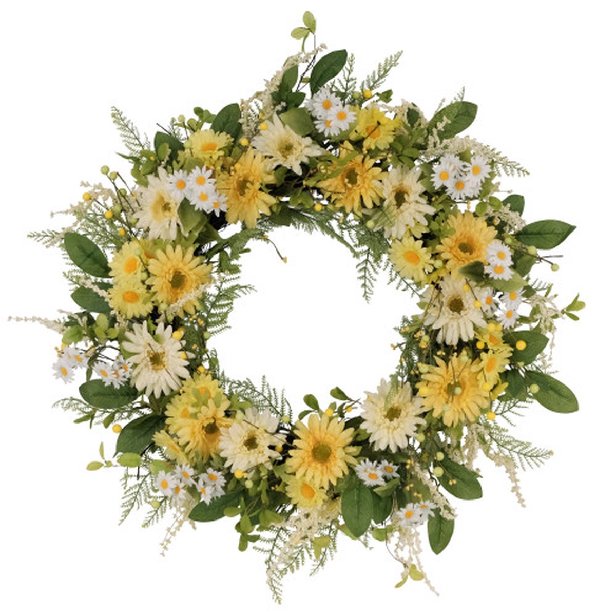 Chrysanthemum and Daisy Artificial Spring Floral Wreath - 30 - Yellow and Green