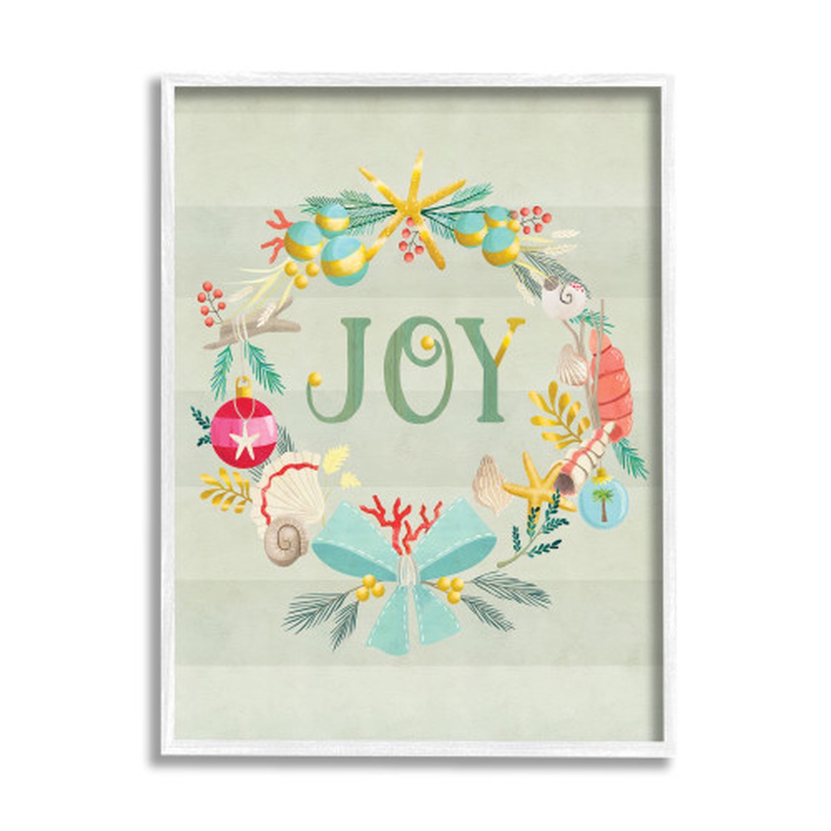 Green and Blue Nautical Wreath Joy Stripes Rectangular White Framed Wall Art 30" x 24"